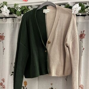 Split color green and beige cardigan. Size M